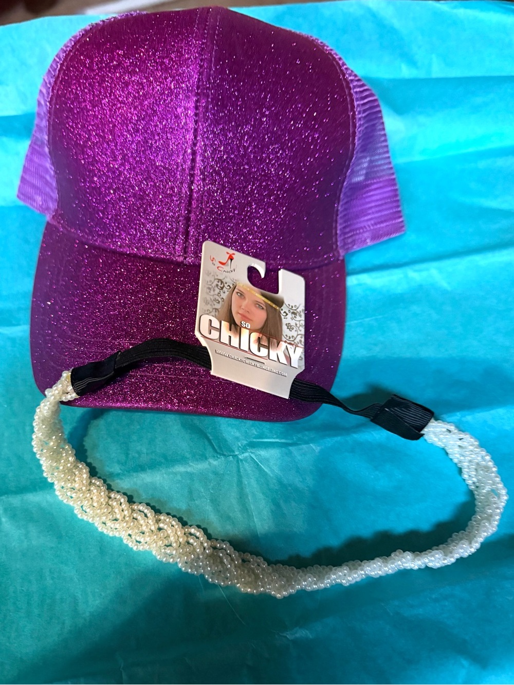 chic boutique bling hair set Glitter ponytail Trucker Hat and Pearl Headband
